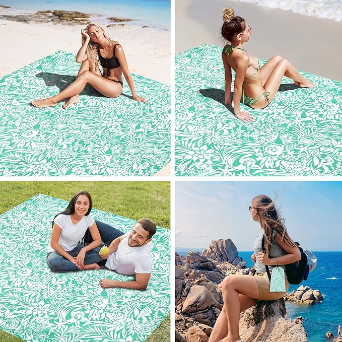 Beach Blanket Waterproof Sandproof Beach Mat with 4 Stakes &amp 4 Pockets 78''×86'' Large Compact Lightweight Sand Free Outdoor Essentials for Beach Picnic Travel Camping
