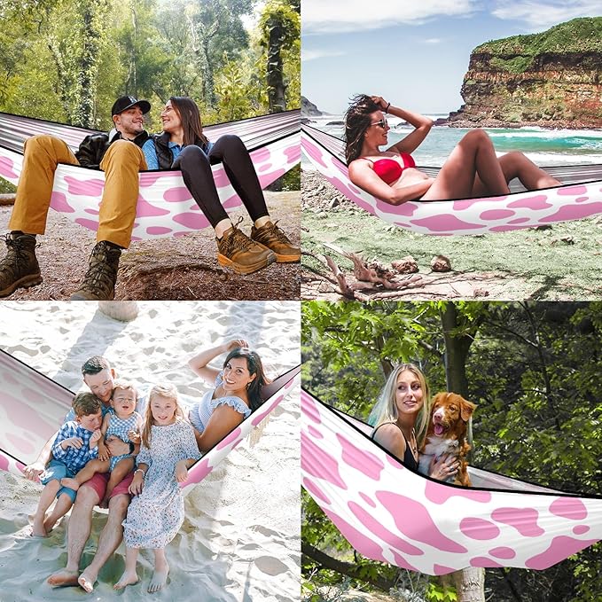 Outdoor Camping Hammock Cute Pink Cow Print Double Single Hammocks with 2 Tree Straps Lightweight Portable Heavy Duty Nylon Hammocks for Backpacking Travel Beach Backyard Patio Hiking