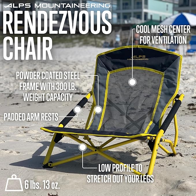 ALPS Mountaineering Rendezvous Low Camping Chairs for Adults with Arms Cool Mesh Center Powder Coated Steel Frame Compact Folding Design and Carry Bag