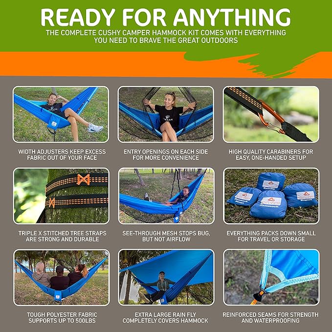 Premium Hammock with Rain Fly Bug Net Tree Straps and Dry Bag - Complete Camping Hammock System with Mesh Bug Net - Outdoor Combo Kit with Rainfly Bundle for Backpacking…