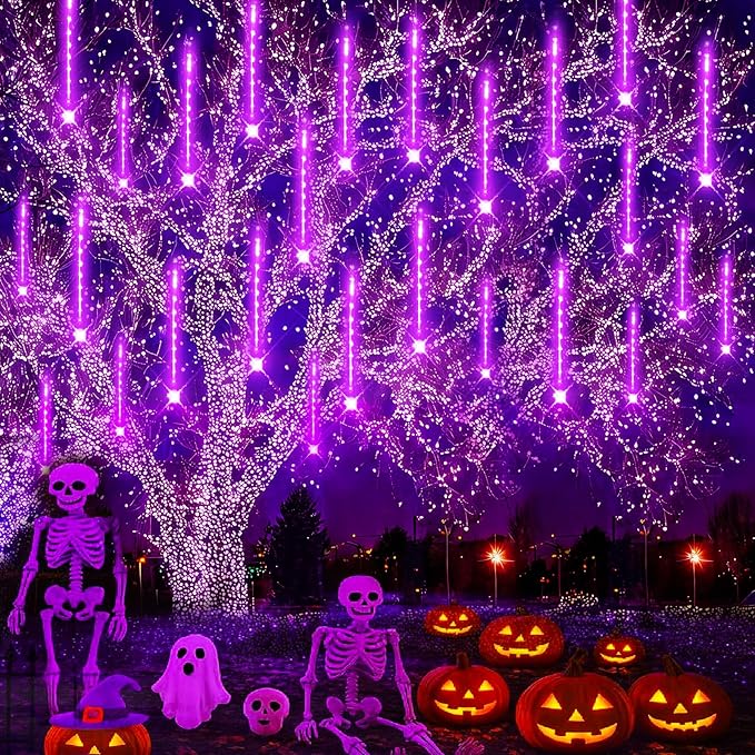 Christmas Decoration Outdoors - 32 Tubes Meteor Shower Lights Waterproof Falling Rain Lights for Halloween Decor Xmas Tree Garden Yard Wedding Party Purple