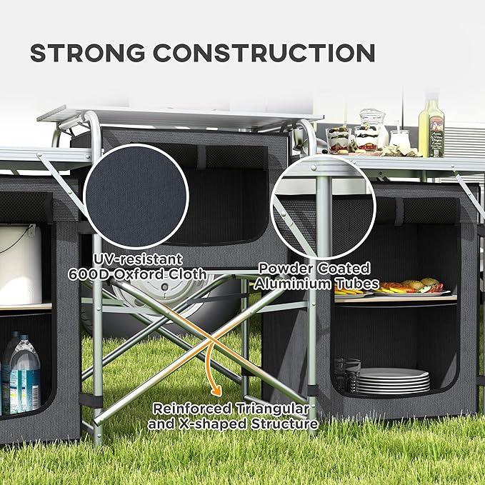 Outsunny Camping Kitchen Table Portable Folding Camp Kitchen Aluminum Cook Station with 3 Fabric Cupboards Windshield Carrying Bag for BBQ RV Picnic Black