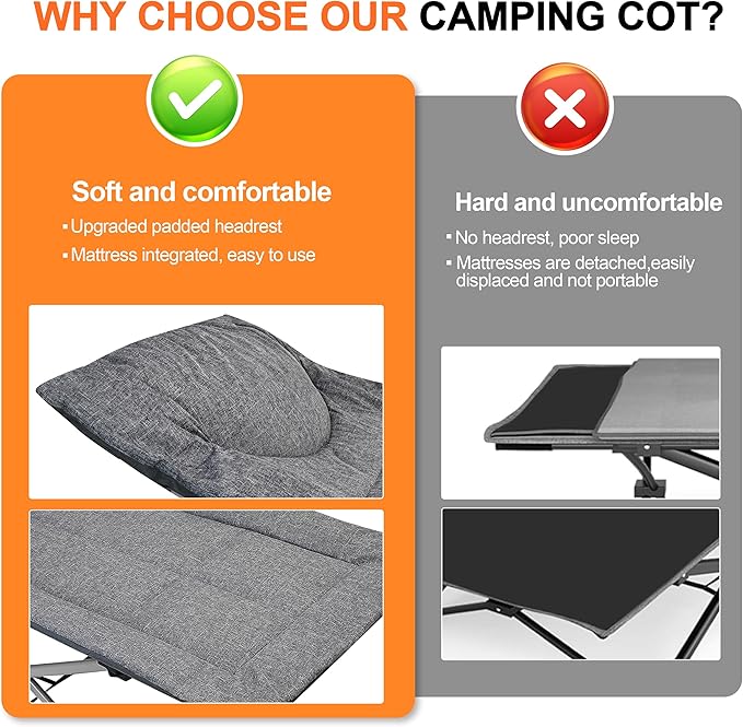 Camping cots for AdultsCots for SleepingCushion and Pillow Camping Tent cotHigh Weight Capacity Compact Storagewith Carry BagIdeal for Outdoor Camping Office useNapping Beach Trips