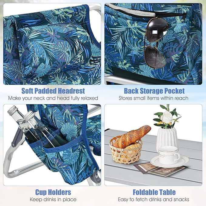Backpack Beach Chair 5 Position Adjustable Camping Chairs with Aluminum Table Head Pillow Cooler Bag Cup Holders Folding Beach Chairs for Adults (with Table Blue Leaves)