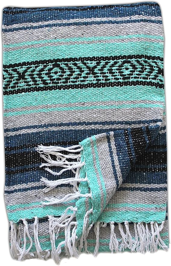 Del Mex Classic Mexican Blanket Large Authentic Woven Falsa Throw (70x50) Artisan Southwest Décor for Beach Yoga Outdoors (Navy/Mint)