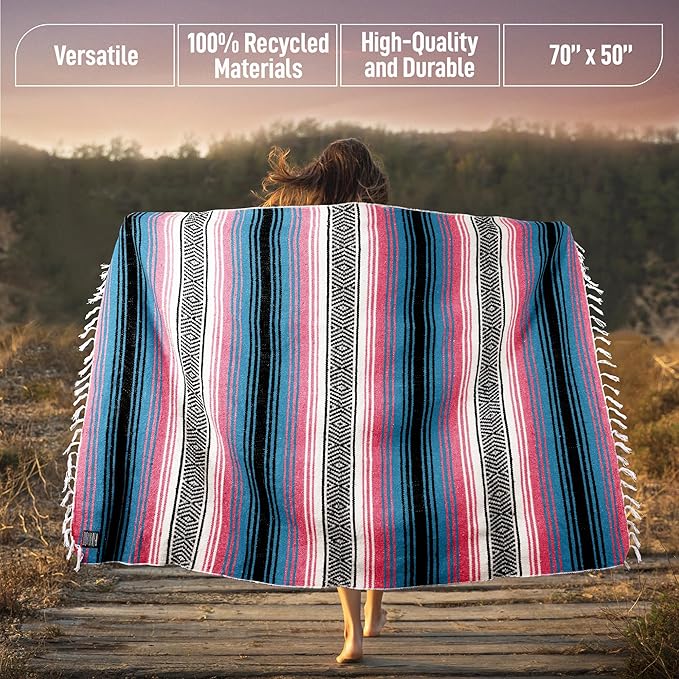 Hydration Nation Authentic Large Handwoven Mexican Striped Throw Blanket - Soft Durable Eco-Friendly - 70x50 - Cotton Candy