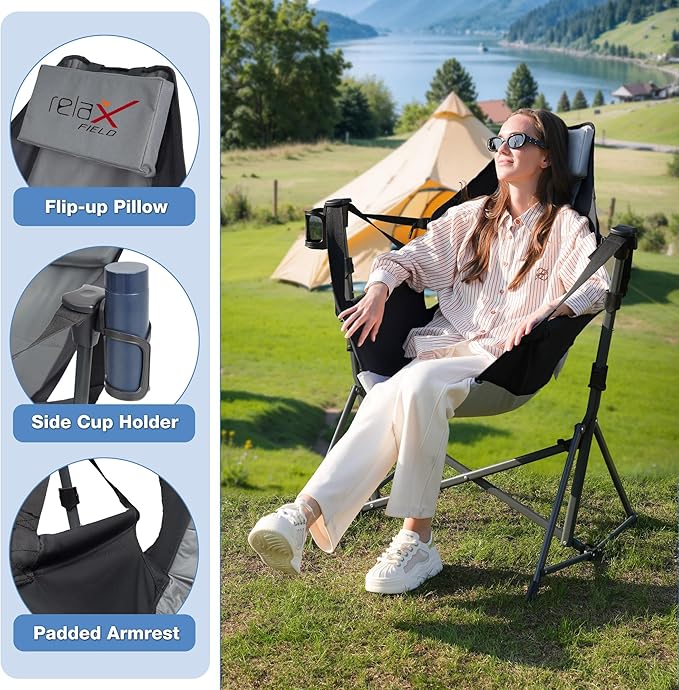 Hammock Camping Chair 3 Heights Swinging Chair with Adjustable Backrest Folding Rocking Chair with Head Pillow&ampCup Holder Outdoor Chairs for Camping and Hiking Supports 350lbs Black