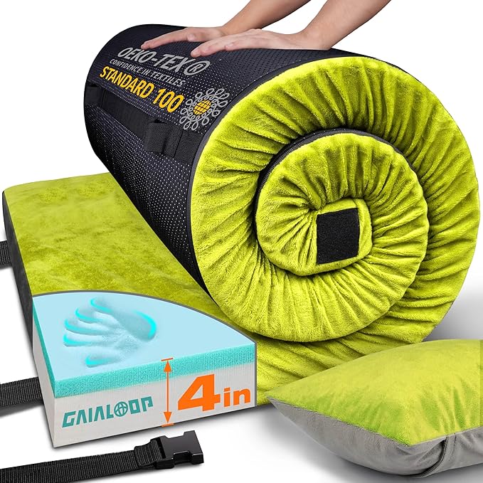 Extra Thick GAIALOOP 4 INCH Memory Foam Camping Mattress Roll Up Floor Sleeping Mat Camp Cot Mattress Pad Travel Camping Couch Bed for Guest Adults Side Sleepers
