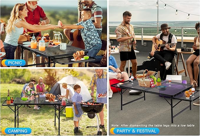 Large Folding Camping Table - Metal Mesh Grill Table with 2 Wing Panels | 2 Adjustable Heights | Large Picnic &amp Outdoor Table | Expandable Shelves Lightweight (4.4 FT Black)