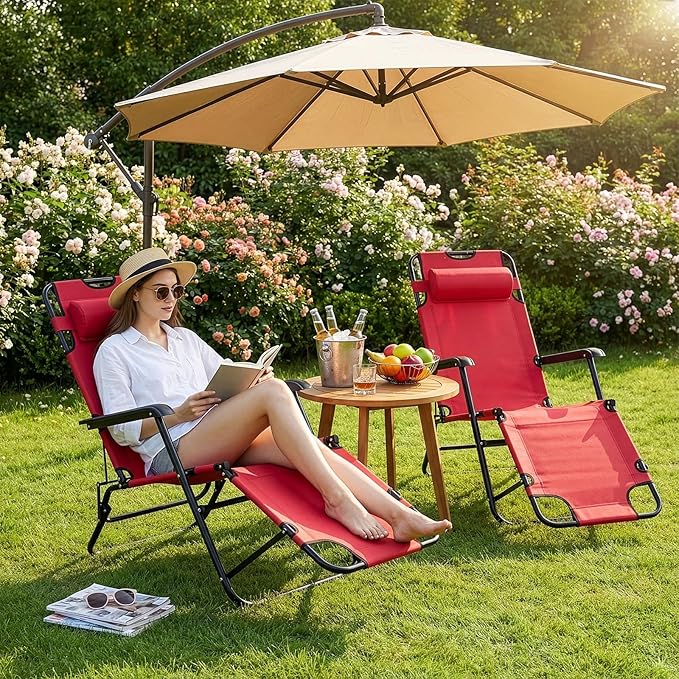 Reclining Camping Chair Portable Dual Purposes Extendable Folding Reclining Chair4 Adjustable Positions Patio Beach Chair for AdultsLawn Lounge Chairswith Headrestfor Garden Pool Sports (Red)