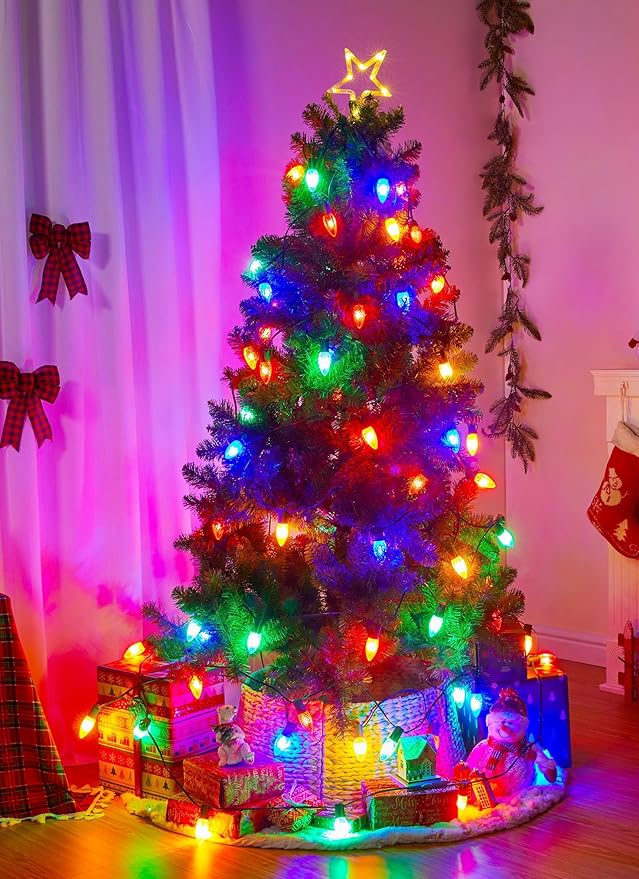 Brightown Outdoor Christmas Lights 100 Ft LED Commercial String Lights With Multicolor Strawberry C9 Bulbs Waterproof Connectable UL Certified for Indoor Yard Xmas Tree House Decor