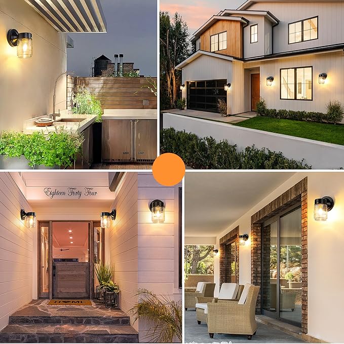 Jelly Jar Outdoor Wall Lantern Black Exterior Waterproof Wall Mount Lighting Fixture Anti-Rust Front Door Sconce with Clear Ribbed Glass E26 Socket Lights 2 Pack