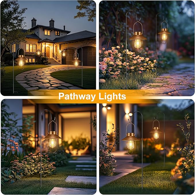 pearlstar 2 Pack Solar Lights Outdoor Hanging Solar Lanterns with Edison Bulb and 2 x 32 Inch Shepherd Hooks Waterproof Landscape Lighting for Garden Patio Yard Pathway Driveway Lawn (Copper)