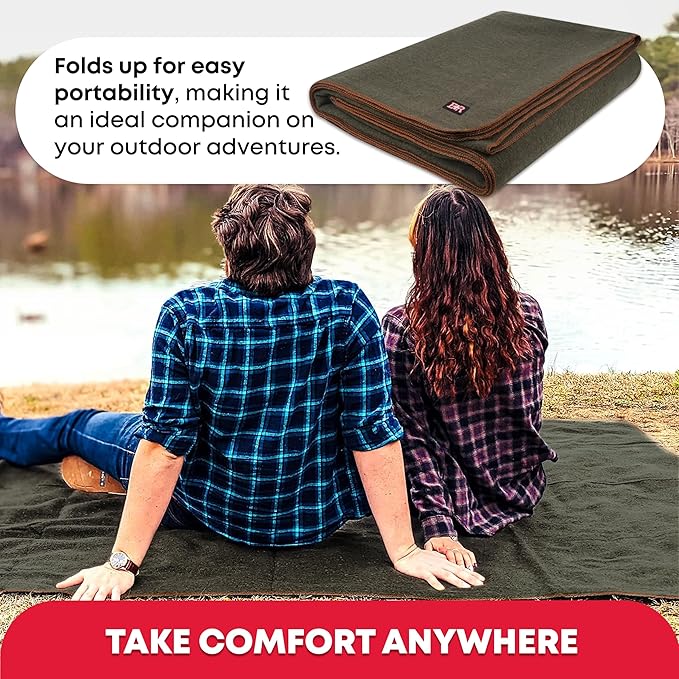 Military Wool Blanket - 80% Wool Washable Perfect for Outdoors Camping Picnic Travel Car &amp Bushcraft Emergency Blanket 96 x 66 5 lbs. - Olive Drab Green - Twin