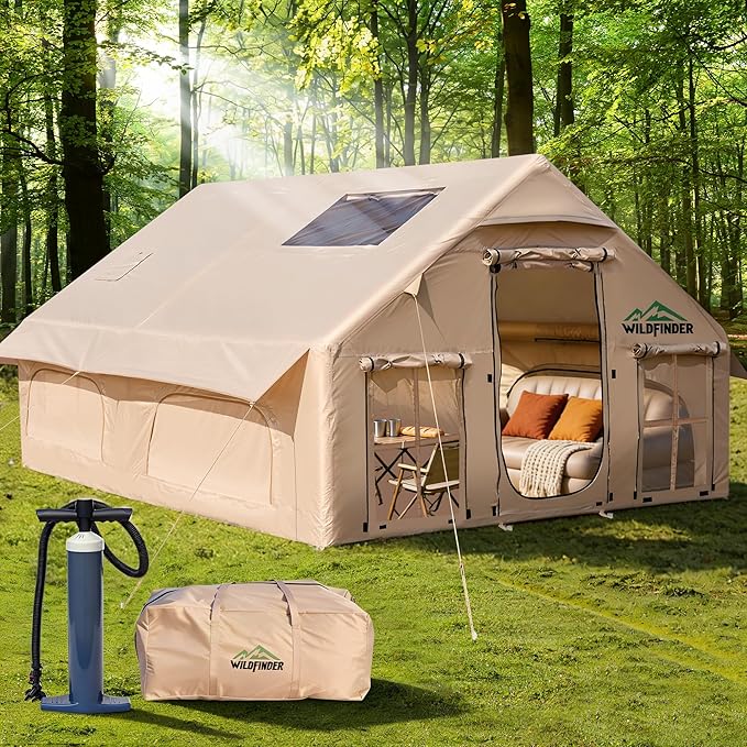 Inflatable Tent with Skylight Quick Setup Blow Up Tents with Pump Hot Tent with Stove Jack Waterproof Oxford Inflatable House for Camping Air Glamping Tents for Camping Adult 4-6 Person