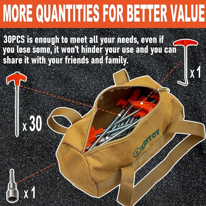 30 Pack Tent Stakes Heavy Duty - 8 Screw in Tent Stakes - Ground Anchors Screw in - Tent Pegs Camping Stakes - Metal Threaded Tent Spikes with 1 Hex Head Driver 1Stopper T Pull Hook and Storage Bag