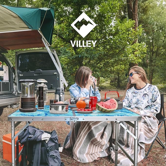 VILLEY Folding Camping Table 4FT Large Portable Aluminum Table with Adjustable Height Foldable Lightweight Picnic Table with Carry Handle for Camping BBQ Outdoor &amp Indoor Activities