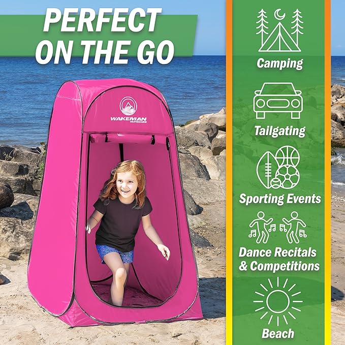 Wakeman Kid Size Pop Up Changing Tent 3 x 3 x 5.2ft Mini Camping Shower Tent Portable Toilet Stall or Dressing Room for Beach Dance Recitals or Sports with Carry Bag Polyester Pink