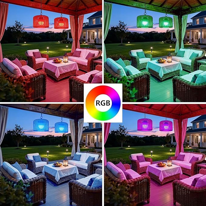 Battery Operated Chandelier Rechargeable Outdoor Pendant Light Cordless with RGB LED Bulb Boho Hanging Lights with Remote for Gazebo Porch Patio Pergola Indoor DecorSet of 2