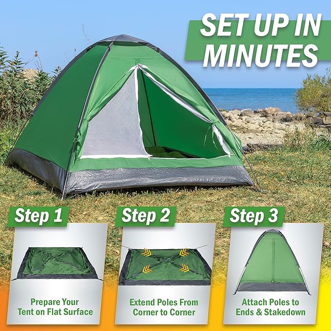 2 Person Camping Tent with Rain Fly and Carrying Bag – Lightweight Outdoor Pop Up Tents for Camping Essentials Music Festivals Backpacking Hiking or Beach Shelter by Wakeman Outdoors