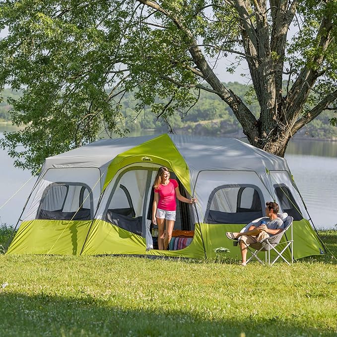CORE Instant Cabin Tents | 6 Person / 9 Person / 10 Person / 12 Person Family Cabin Multi Room Pop Up Tents Car Camping | Included Storage Pockets for Camping Accessories