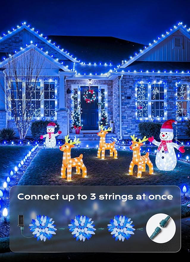 C9 Christmas Outdoor Lights 72 FT 110 LED C9 String Lights 8 Modes &amp Timer Extendable Waterproof for Christmas Tree Indoor Outdoor Roofline Patio Outside Garden Backyard Xmas Decor Blue White