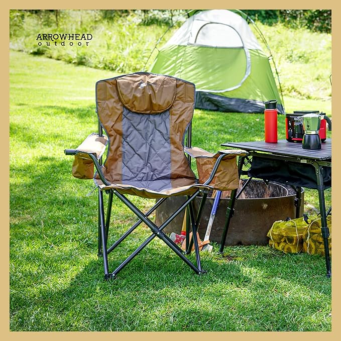 ARROWHEAD OUTDOOR Deluxe Folding Camp Chair – 550lb Capacity Heavy-Duty Quad Chair with Integrated Cooler Headrest and Dual Cup Holders.