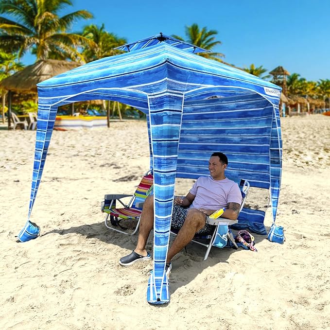 Beach Cabana Canopy Shelter – Sun Shade Tent – 6’ X 6’ - UPF 50+ - Waterproof - Easy Setup – 2 Layer Wind Vent Umbrella – 6 Ft X 6 Ft – BONUS sidewall – Beach Lake Park for Family - 2 to 4 People