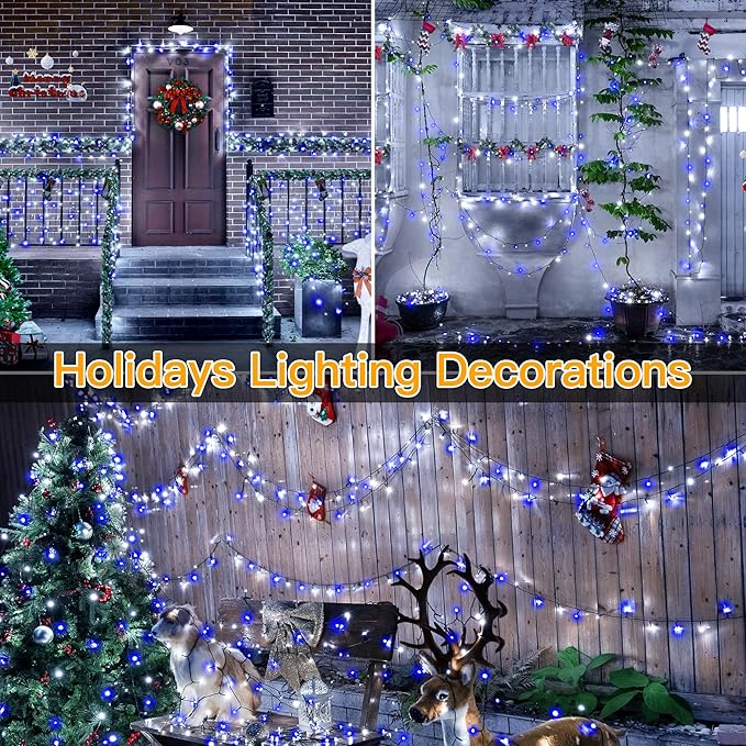 Ollny Christmas Lights 500LED 164FT Long Christmas Tree Lights with 8 Modes Remote Timer IP44 Waterproof Outdoor Christmas Lights for Tree House Yard Outside Xmas Decorations (Blue+White)