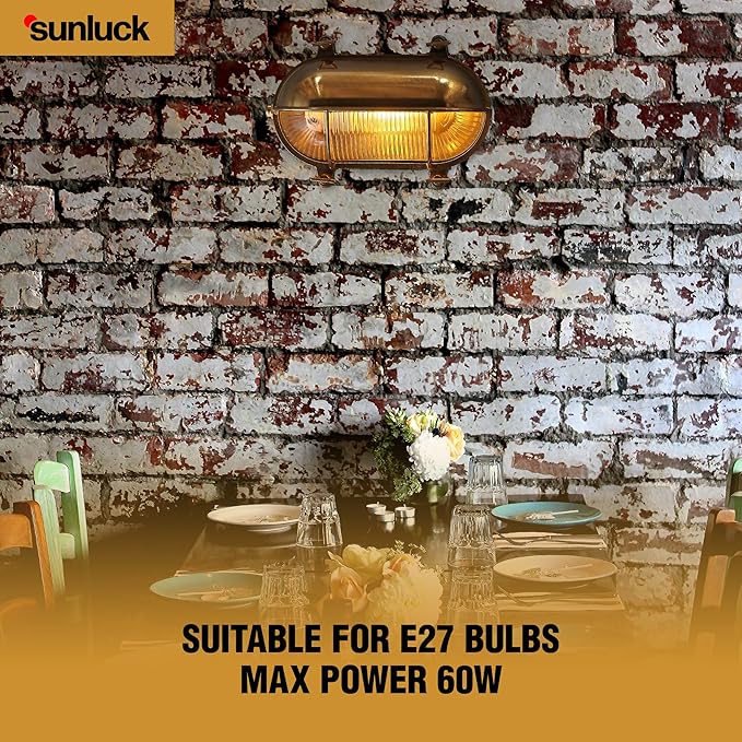 Sunluck Brass Nautical Bulkhead LightGrid Oval Wall LightBrass Half Cover LampshadeCeiling Mount LightWaterproof IP65Rust Resistantfor Wet Location BathSeasideShipBasement