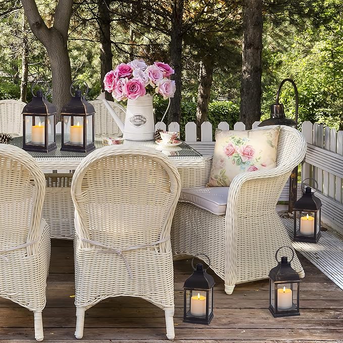 Vintage Lantern Decorative LED Flickering Flameless Candle with Timer Battery Powered LED Decorative Hanging Golden Brushed Black Lanterns for Indoor Outdoor Garden Yard Home Decor(2 Pack)