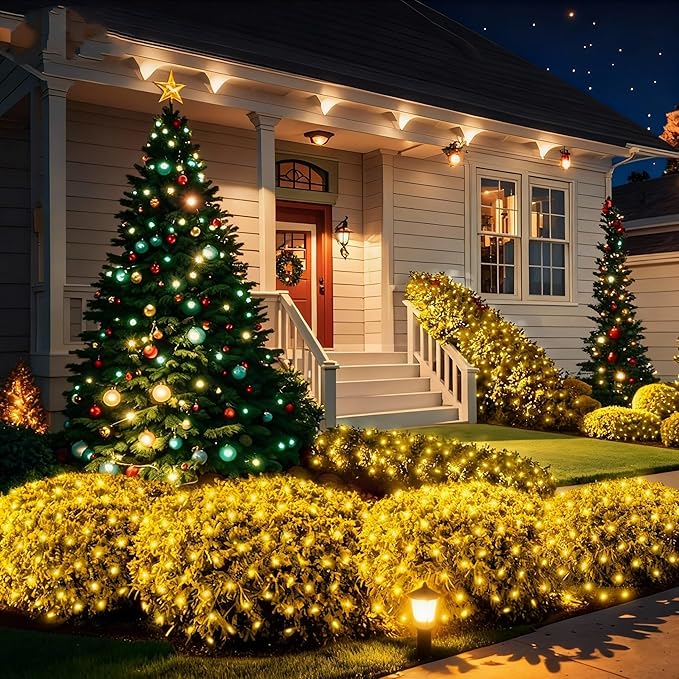 6Ftx4Ft LED Christmas Net Lights Green WireConnectable UL Certified Waterptoof Net Lights for Bushes Trees Shurb Garden Outdoor Christmas Decorations (Warm White)