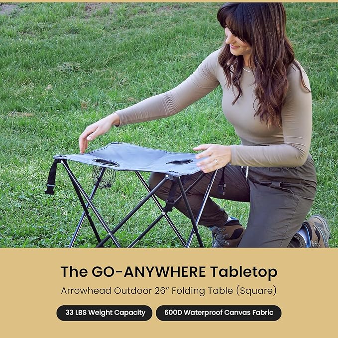 ARROWHEAD OUTDOOR 26” (66cm) Portable Camping Folding Table 2 Cup Holders Square Carrying Case Steel Frame High-Grade 600D Canvas