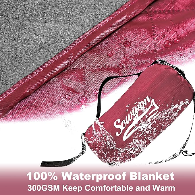Waterproof Outdoor Blanket 82”X 55” Packable Stadium Blankets for Camping with Quilted Fleece Lining Large Windproof Emergency Throw Mat for Garss Picnic Hiking Road Trip Machine Washable Wine