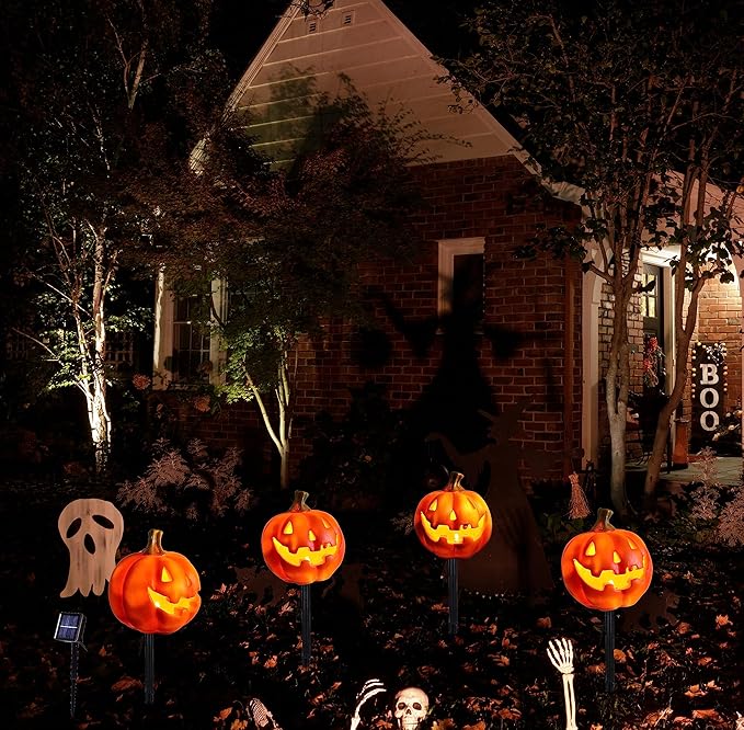 4 Pack Halloween Pumpkin Pathway Solar Lights Orange Yard Stake String Lights Halloween Outdoor Decorations Waterproof LED Pumpkin Halloween Décor Walkway Lights