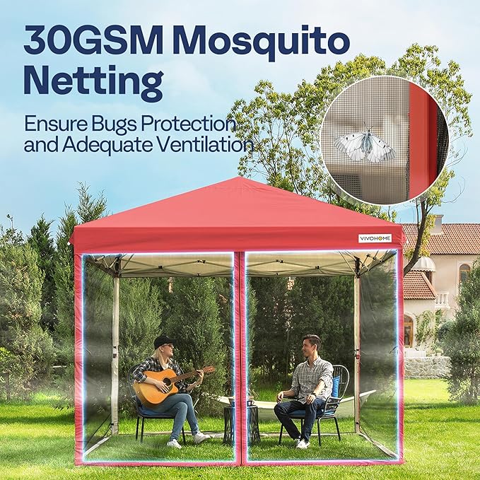 VIVOHOME 10x10ft Easy Pop-Up Canopy Outdoor Screen Tent with Mosquito Netting 2 Zipper Doors and Roller Bag for Yard Camping Picnic Party Events Red