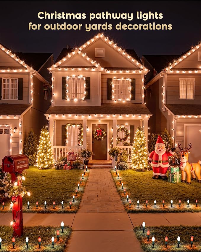 Brightown Frosted C9 LED Christmas Lights Outdoor 2 Packs Total 51.4Ft 40 LED Bulbs Pathway Lights Christmas Decorations Outside Driveway Waterproof Walkway Sidewalk Red and White