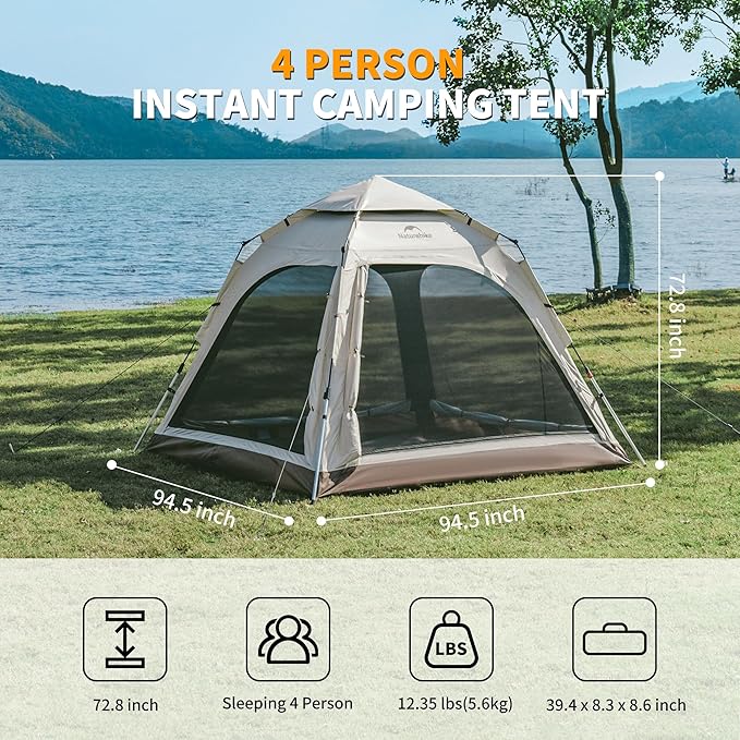 Naturehike Upgraded Ango 3-4 Person Blackout TentInstant Pop up Tents for Camping Waterproof Anti-UV Camping Tent