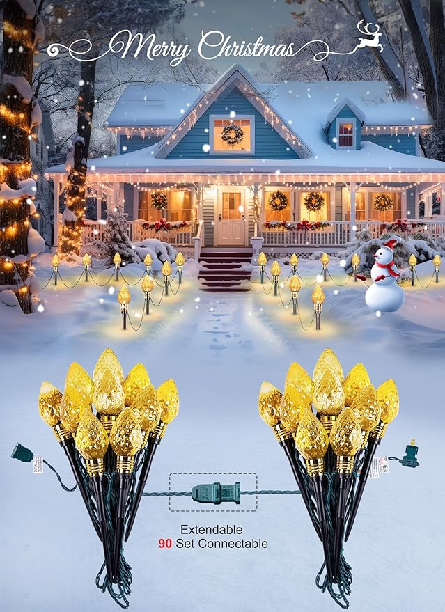 Brightown 2 Pack Strawberry C9 Christmas Pathway Lights Outdoor - Total 34.8 Feet 20 LED Christmas Walkway Lights Christmas Lights Outdoor Decorations for Yard Lawn Holiday Outside Warm White