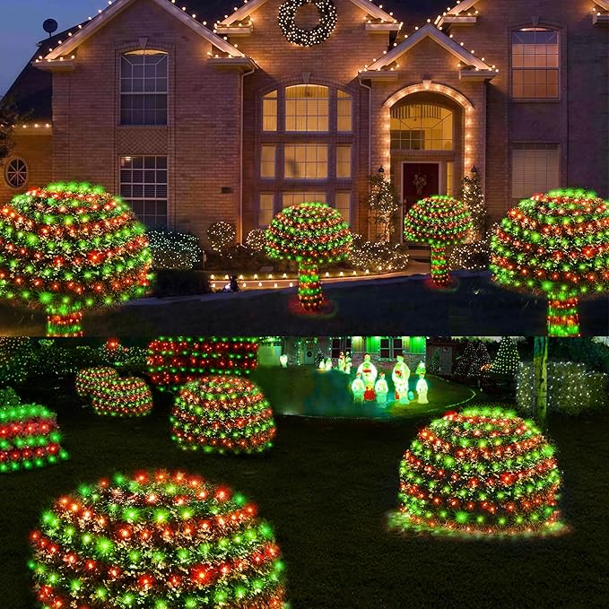 WBao Christmas Lights 200LED 9.8ft x 6.6ft Christmas Bush Lights 8 Modes Timer End to End Connectable Waterproof Design for Lawn Bush Tree Outdoor Xmas Decorations Red Green (Clear Wire)