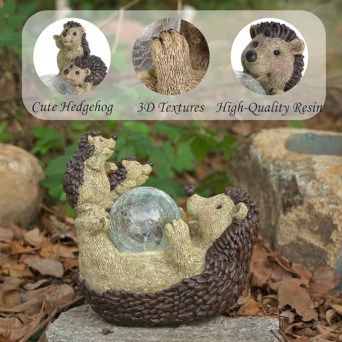 Solar Hedgehog Statue with Ball Lamp 9x5x9 Inch Outdoor Garden Decor Cute Resin Animal Figurine for Yard Pathway &amp Patio Lighting