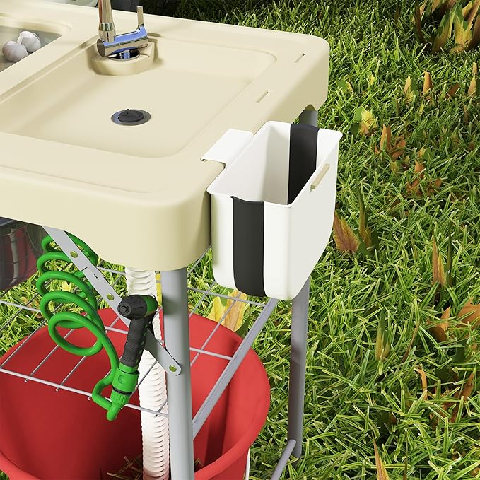 Outsunny Folding Fish Cleaning Table with Sinks Portable Camping Sink Table with Faucet Drainage Hose Sprayer Shelf Drawer and Storage Basket Outdoor Fillet Table for Picnic Beach Patio Tan