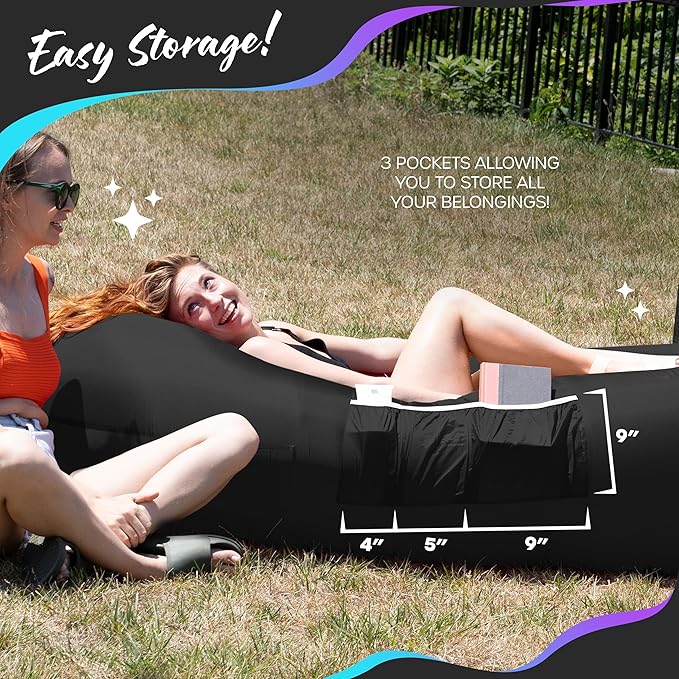 Nevlers Dark Black Inflatable Lounger | 210T Polyester Inflatable Chair | No-Pump Air Couch | Outdoor Inflatable Couch w/ 450lbs. Cap. Pockets &amp Matching Bag | Use as Blow Up Couch for Adults &am