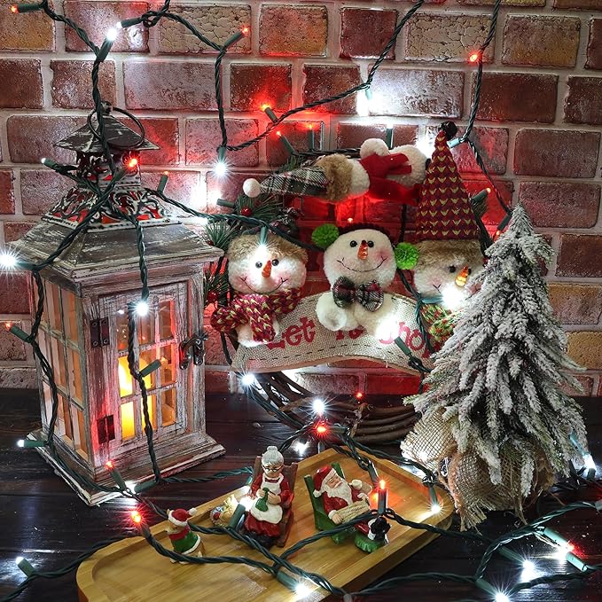 ODEETRONIC Red &amp White Christmas Lights 33ft 100LED Gentle Twinkle Christmas Tree Lights 5mm Wide Angle Mini Light Connectable 120V UL Certified Xmas String Light for Indoor Outdoor Green Wire