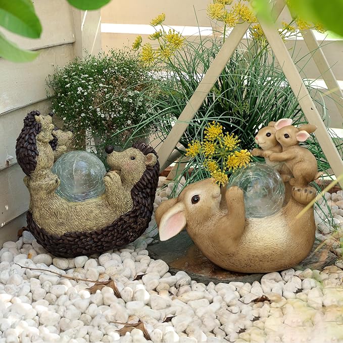 Solar Bunny Lamp Playing with Ball 10x5x9 Inch Outdoor Easter Rabbit Decor Whimsical Garden Statue for Lawn Backyard &amp Night Landscape Easter Bunny Figurine Night Light