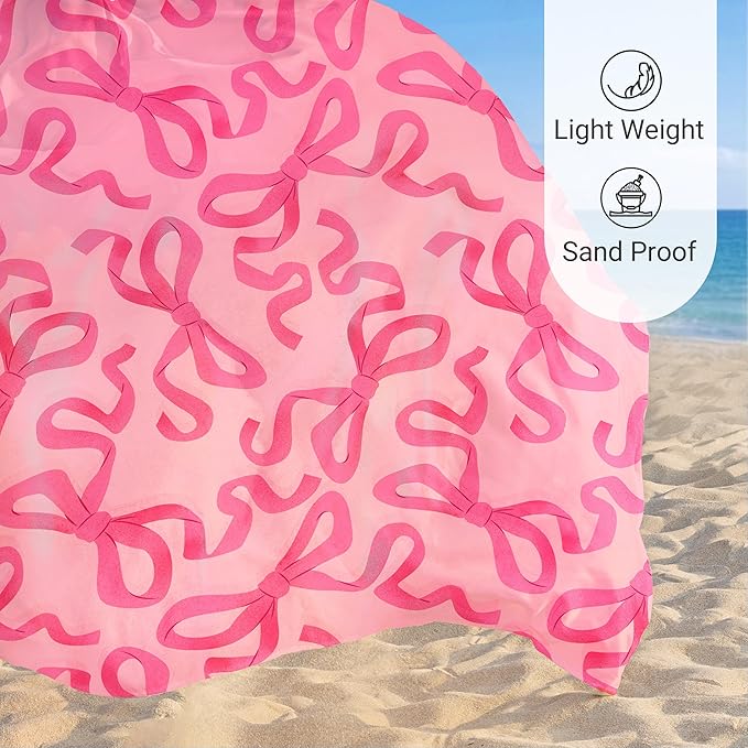 Sunlit Large Beach Blanket Waterproof Sand Proof 81 x106 Sand Free Beach Mat Anchored Pockets and Storage Bag for Travel Beach Camping Outdoor Festival Coquette Pink Bow