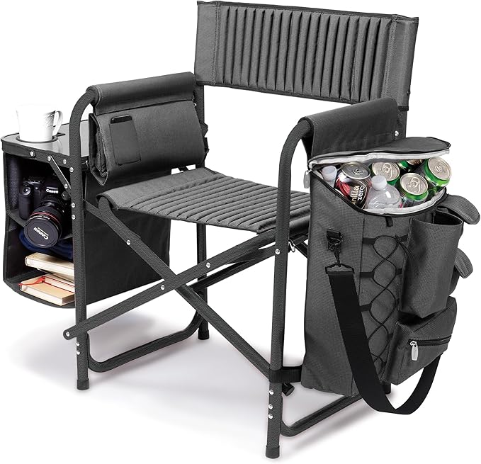 PICNIC TIME Fusion Camping Chair with Side Table and Soft Cooler Outdoor Foldable Padded Camping Chairs with Cup Holder for Lawn Beach &amp Sports Use for Adults (Dark Gray Black Accents)