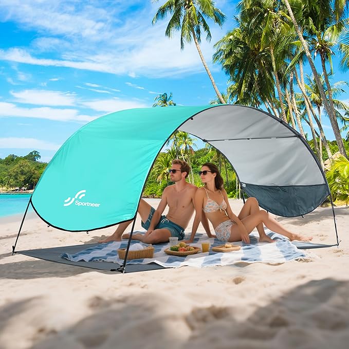Sportneer Beach Tent Sun Shelter: UPF 50+ UV Protection Beach Canopy Tent Sun Shade for 2-3 Person Easy Set Up Canopy with 8 Wind Ropes and 12 Ground Stakes for Beach Size 96.5''x55.7''