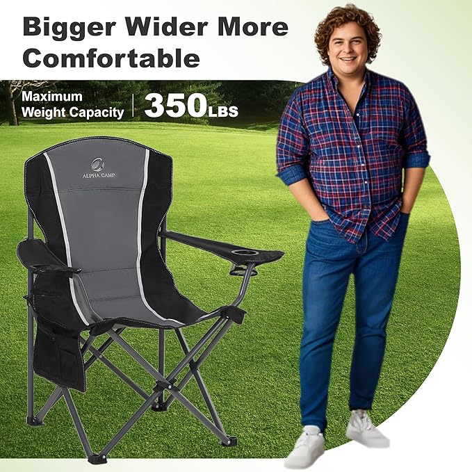 LET'S CAMP Oversized Outdoor Folding Camping Chair 2 Pack Heavy Duty Arm Chairs with Cup Holder and Storage Bag 350 LBS Weight Capacity Grey