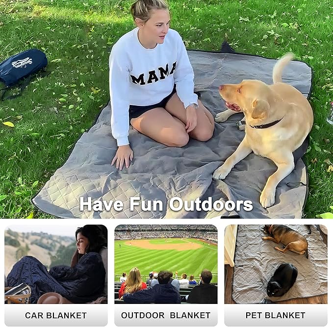 Waterproof Outdoor Blanket 92”X 60” Packable Stadium Blankets for Camping with Quilted Fleece Lining Large Windproof Emergency Throw Mat for Garss Picnic Hiking Road Trip Machine Washable Navy